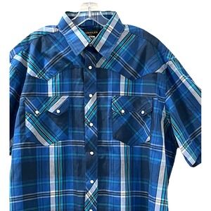 Rustler by Wrangler Men's Western Shirt XL Blue Plaid Short‎ Sleeve Pearl Snaps